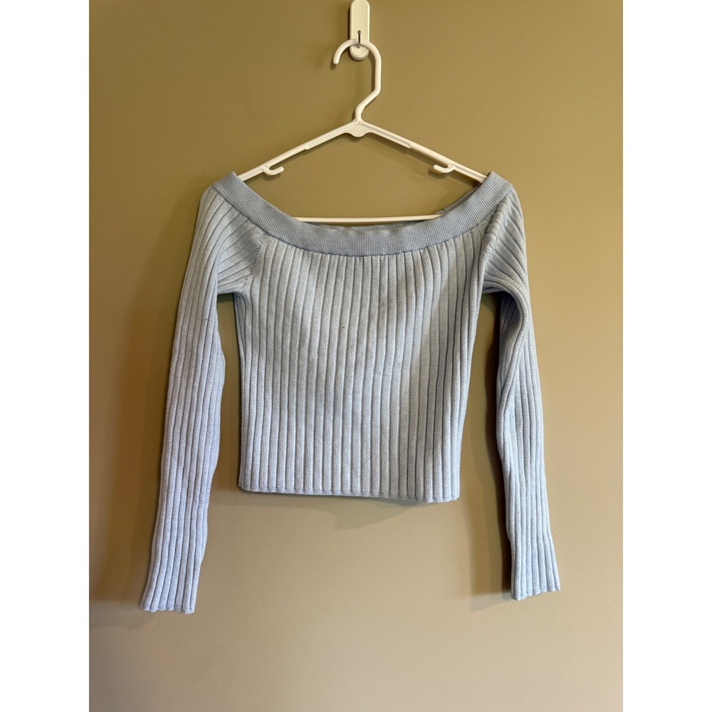 Aerie Light Blue Ribbed‎ Off The Shoulder Long Sleeve Sweater NWT 065-0745-3605